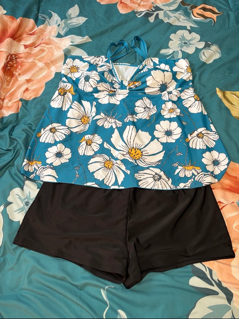 Rosegal Blue Floral Tankini Top with Black Swim Shorts